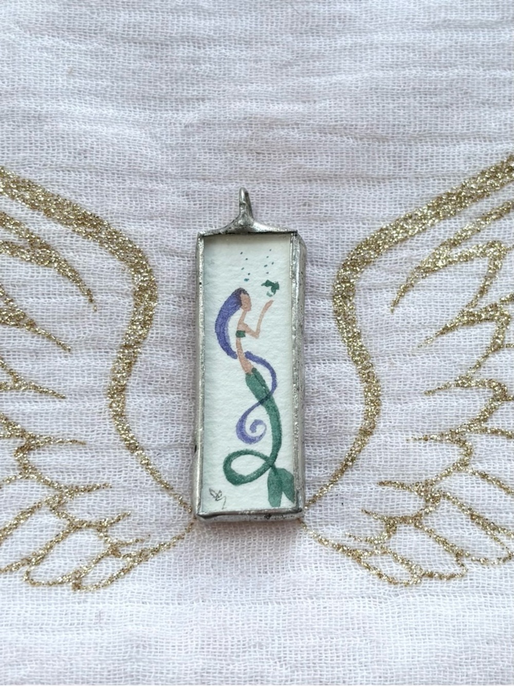 Handmade Mermaid Watercolor Pendant in Purple & Green